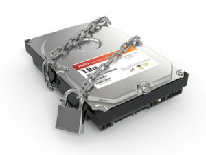 Protected hdd. Chain and lock on hard disk drive. 3d